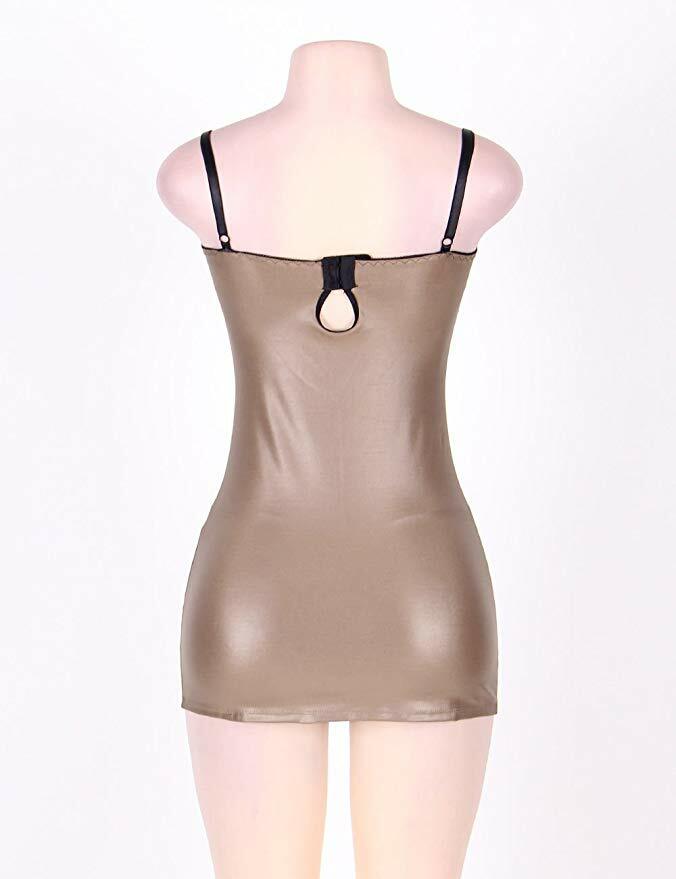 Stunning Womens Sexy Faux Leather Brown Babydoll Chemise Negligee & Thong Size 8