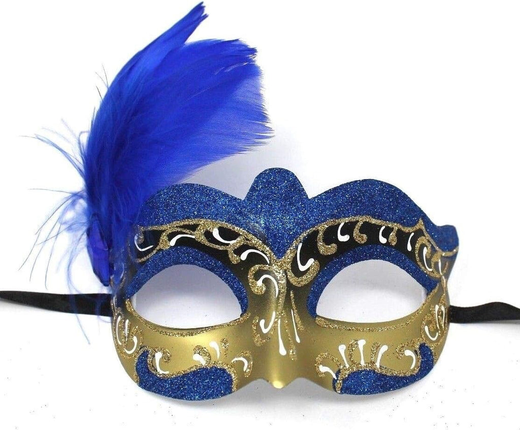 SPARKLING BLUE & GOLD VENETIAN CARNIVAL MASQUERADE PARTY BALL FEATHER MASK