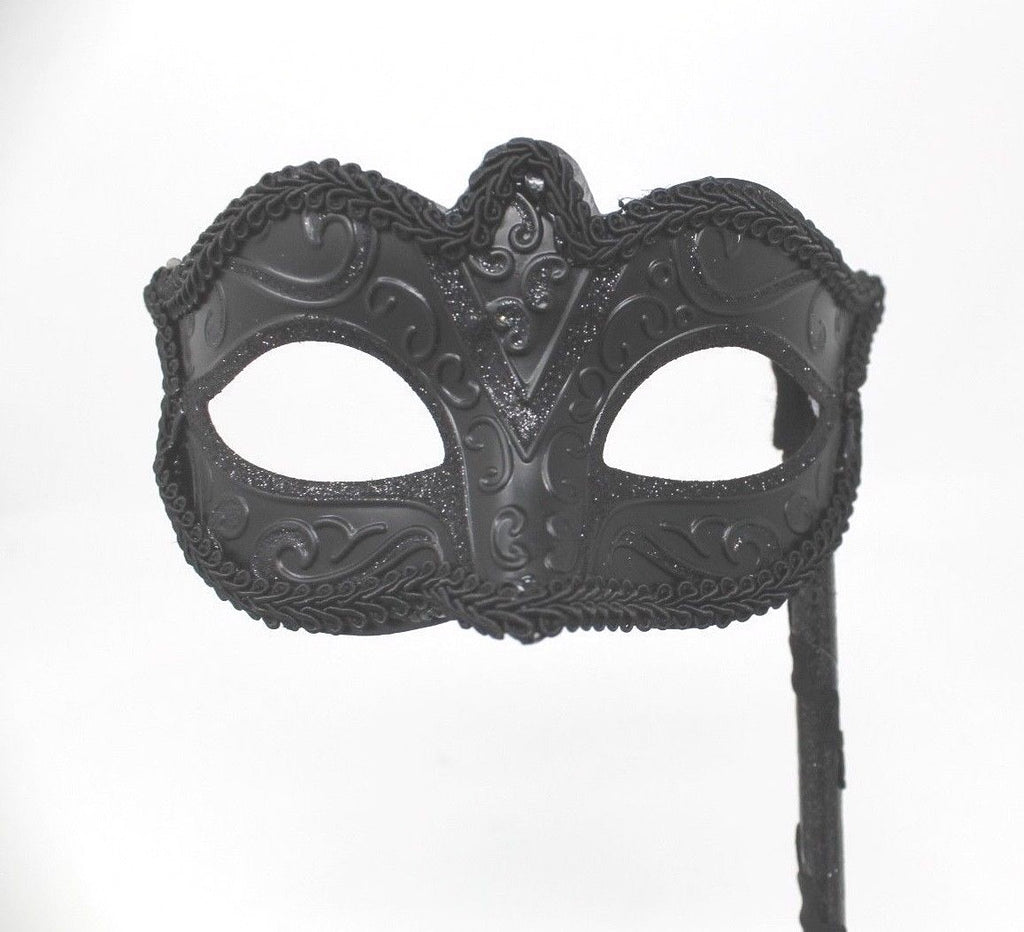 Midnight BLACK Venetian Masquerade Ball Carnival Face Mask on A HAND HELD STICK