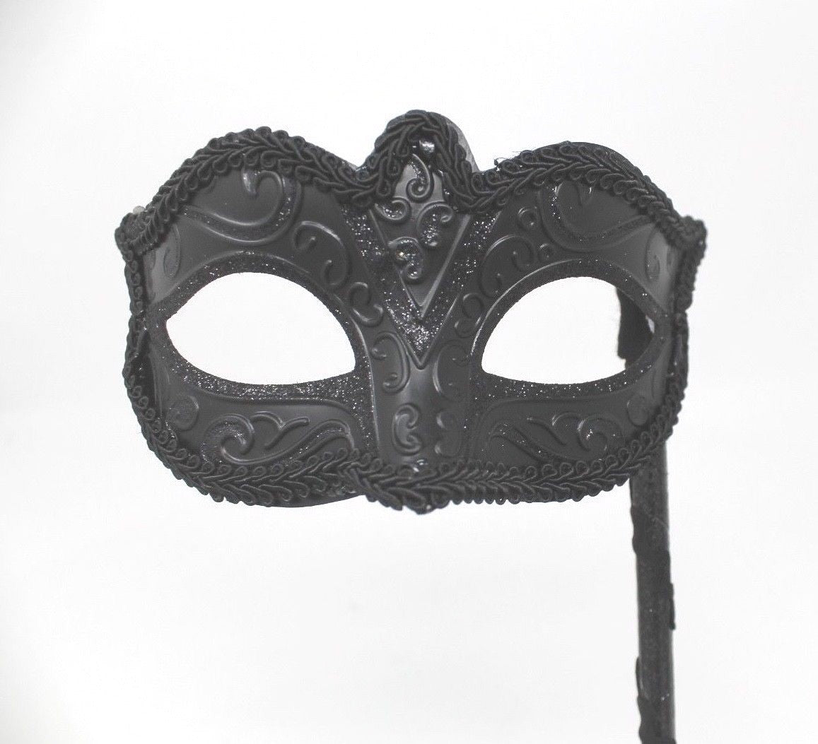 Midnight BLACK Venetian Masquerade Ball Carnival Face Mask on A HAND HELD STICK
