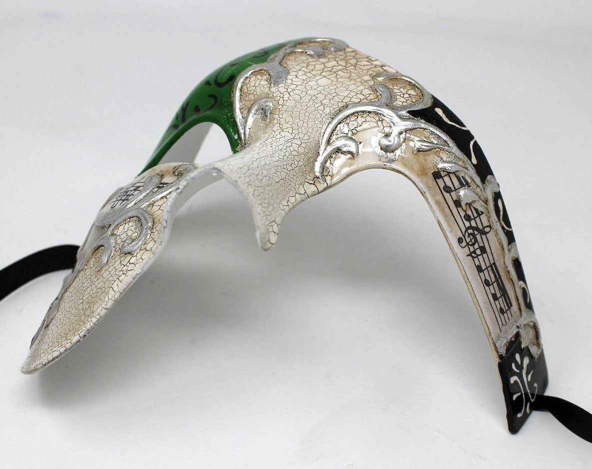 QUALITY GREEN & SILVER HALF FACE PHANTOM MUSICAL NOTES MASQUERADE MASK