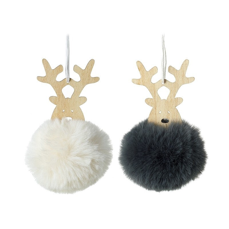Choice of 2 Cute Christmas Tree Hanging Furry Reindeer Decoration Wooden Antlers