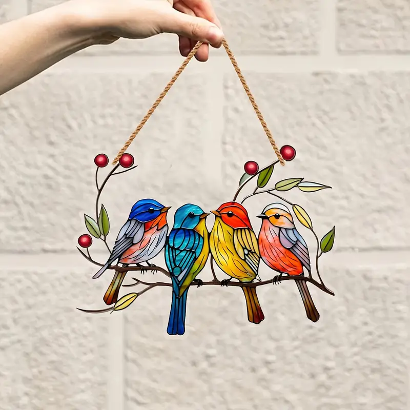 Acrylic Hanging Garden Suncatcher Birds on a Branch 15cm wide on a Hessian Rope