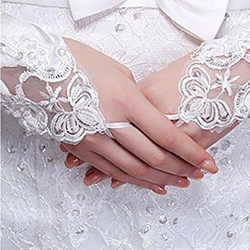 White Satin & Lace with White Beads & Sequins Fingerless Bridal Gloves 26cm Long
