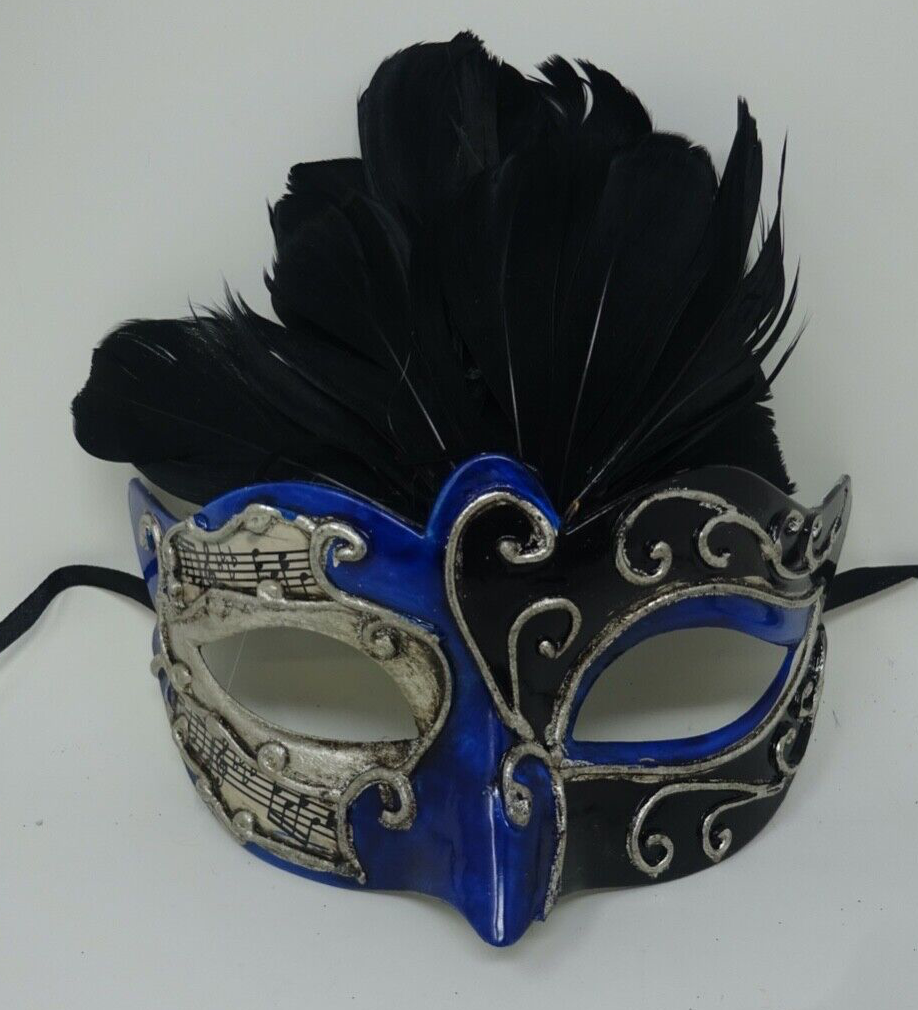 BLACK SILVER & BLUE MUSICAL NOTES VENETIAN MASQUERADE CARNIVAL BALL FEATHER MASK