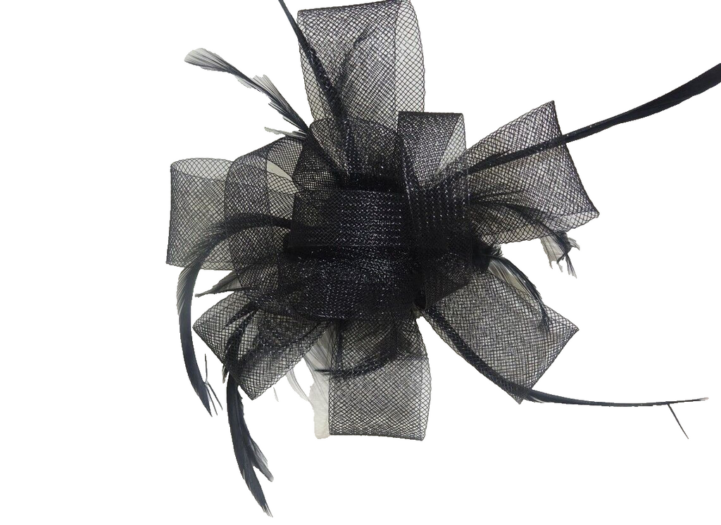 Large Black Looped Stiffened Net & Long Feather Fascinator on a Clear Comb