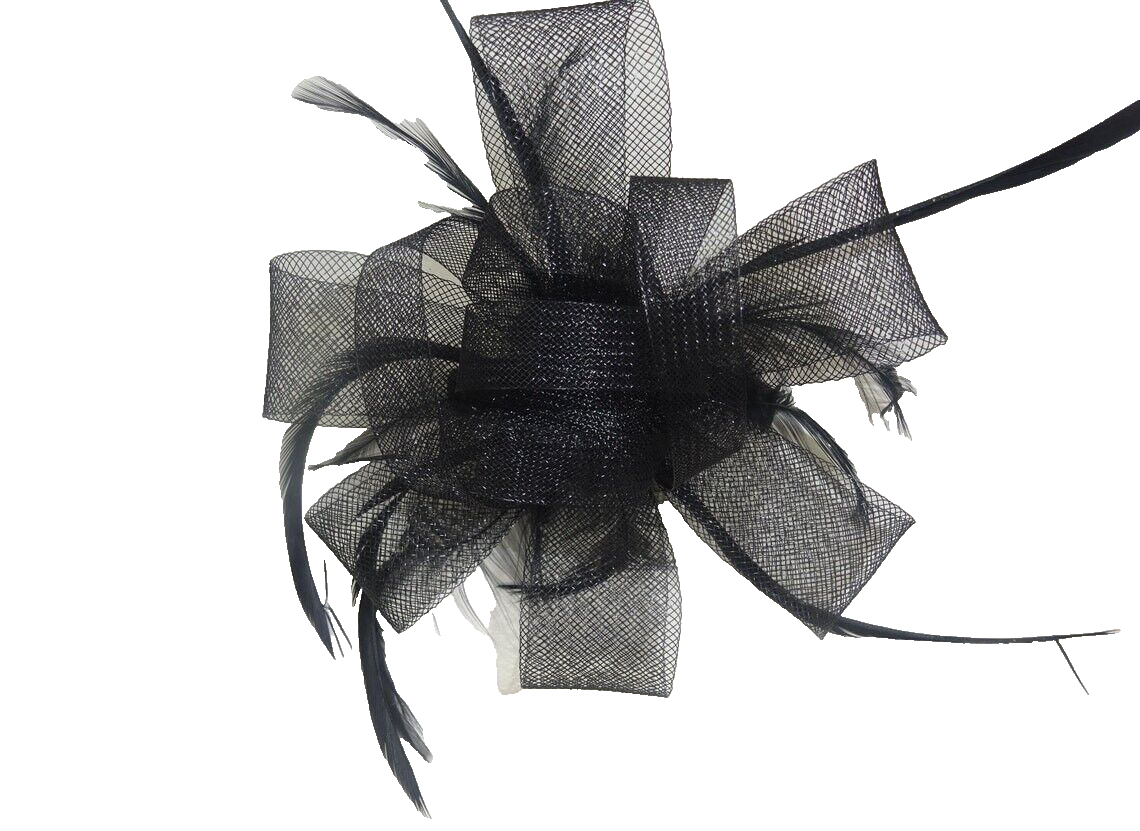 Large Black Looped Stiffened Net & Long Feather Fascinator on a Clear Comb