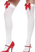 Ladies White Sexy Stockings with Red Ribbon Bows Lingerie Fancy Dress