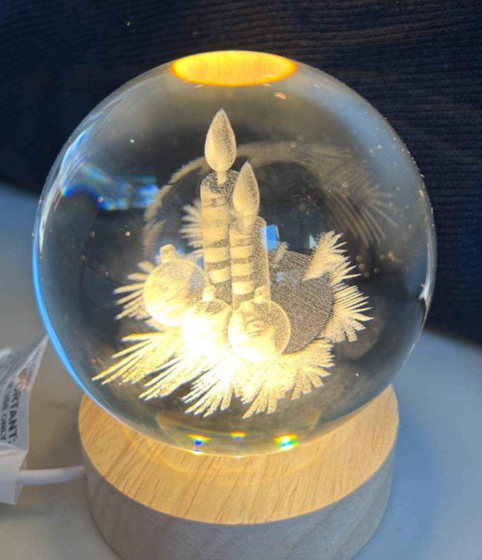 3D Etched Globe Christmas Candles & Baubles or Santa Snowman Warm White LED 10cm