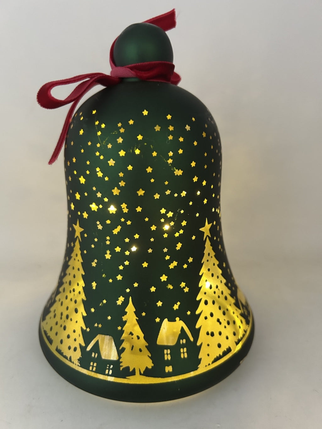 LED Light Up Christmas Winter Forest Stars & Village Emerald Green Glass Bell