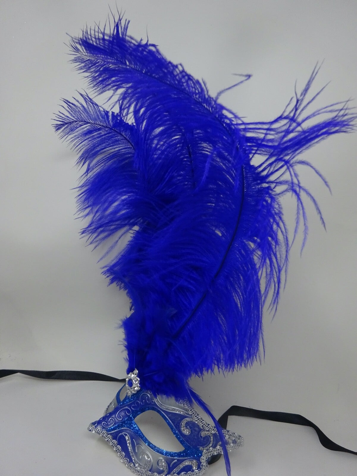 BLUE & SILVER VENETIAN MASQUERADE BALL CARNIVAL PARTY EYE LONG FEATHER MASK