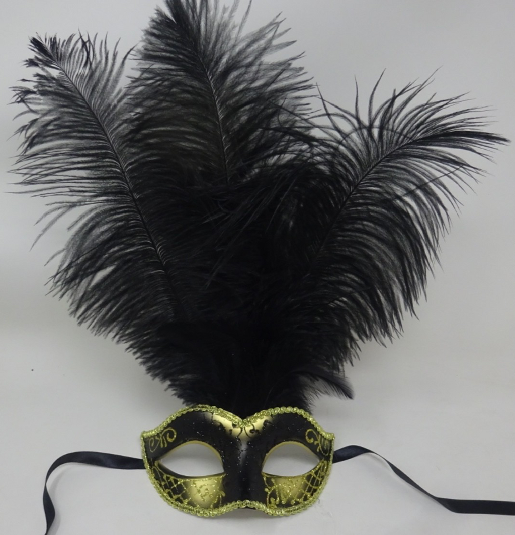 Black & Gold Long Feather Venetian Masquerade Carnival Party Ball Prom Eye Mask