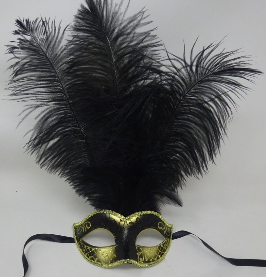 Black & Gold Long Feather Venetian Masquerade Carnival Party Ball Prom Eye Mask