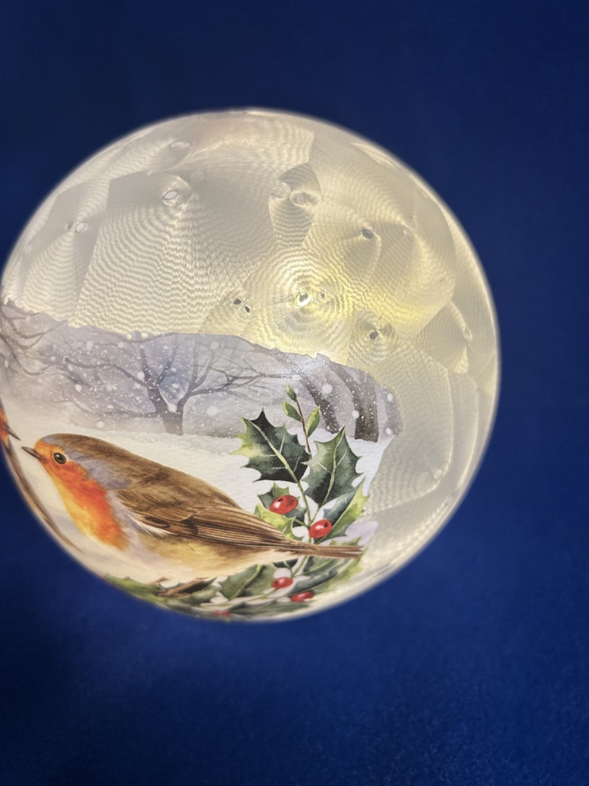 Christmas Festive 2 Robins with Holly LED Light up Frosted Glass Globe 15cm Dia