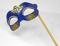 BLUE & GOLD VENETIAN MASQUERADE PARTY EYE MASK ON A HAND HELD STICK & DIAMONTES