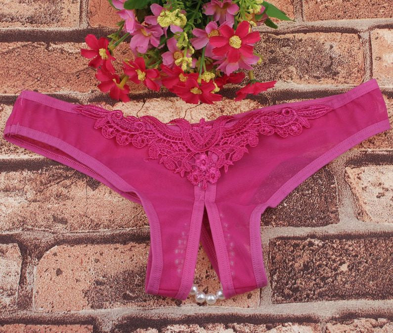 Choice 6 Colour Ladies Panties Briefs Thong Crotchless Sheer Fabric Pearls 8-12