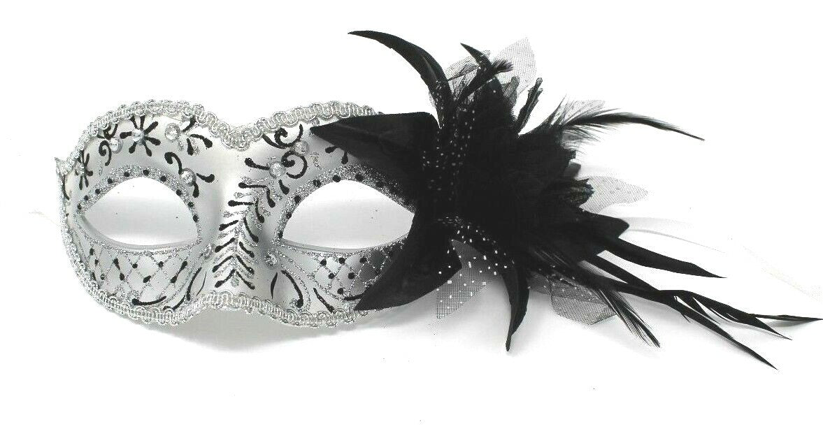 GLITTERING BLACK & SILVER JEWELLED VENETIAN MASQUERADE PARTY CARNIVAL BALL MASK