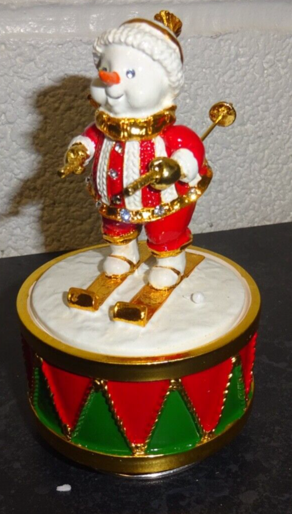 Christmas Musical Snowman Skiing Ceramic Gold Plated Figurine Wind Up 12cm Tall
