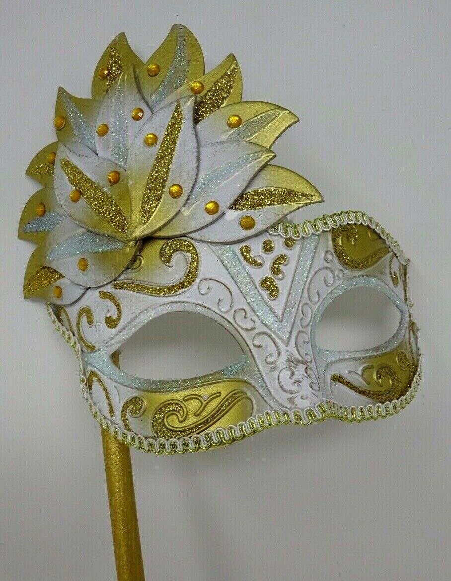 GOLD & WHITE VENETIAN MASQUERADE CARNIVAL BALL EYE PARTY MASK HAND HELD STICK