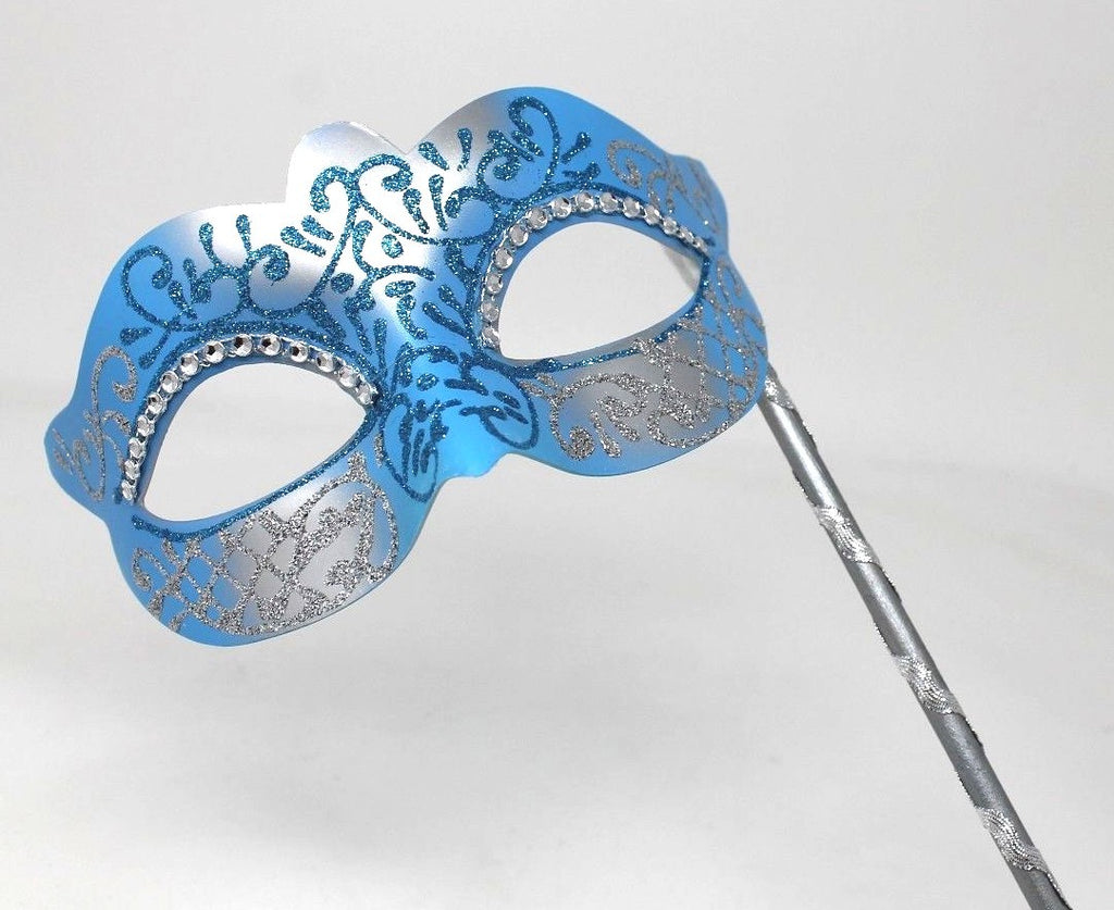 BLUE & SILVER VENETIAN MASQUERADE PARTY  MASK ON A HAND HELD STICK