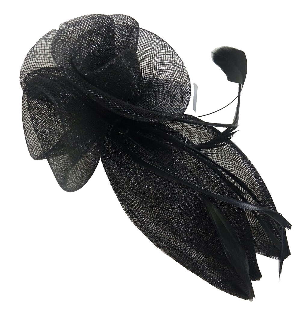 Hair Fascinator Black Feathers Stiffened Net Fabric Floral Rosette Design onComb