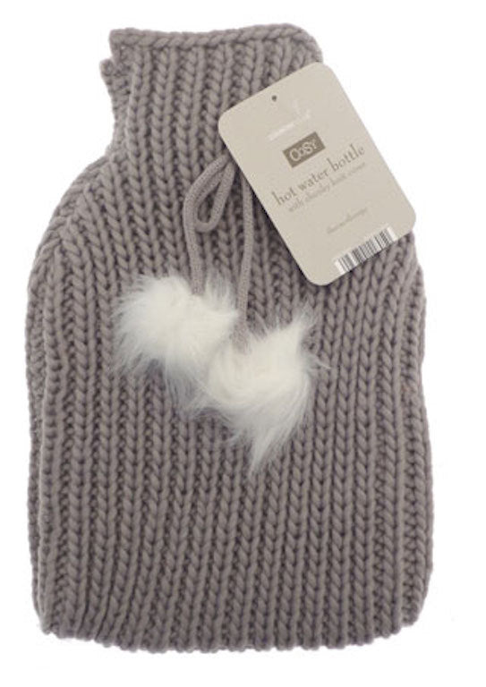 Choice of 2 Colours Snuggly Hot Water Bottle & Knitted Cover PomPoms 30cm Long