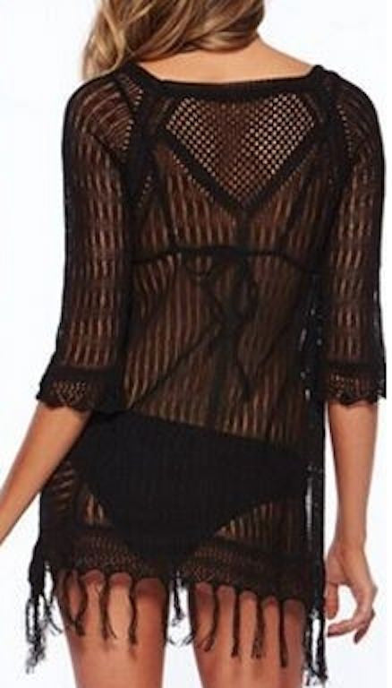 Ladies Crochet Beach Dress Bikini Cover Up Dress With Tassels Size 10-14 Black