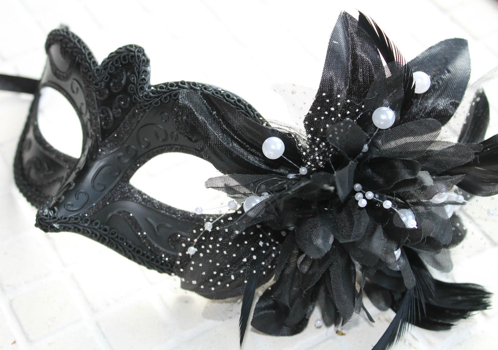 LADIES BLACK MASK WITH  PEARLS & FLOWER VENETIAN CARNIVAL MASQUERADE MASK