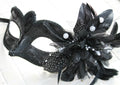 LADIES BLACK MASK WITH  PEARLS & FLOWER VENETIAN CARNIVAL MASQUERADE MASK