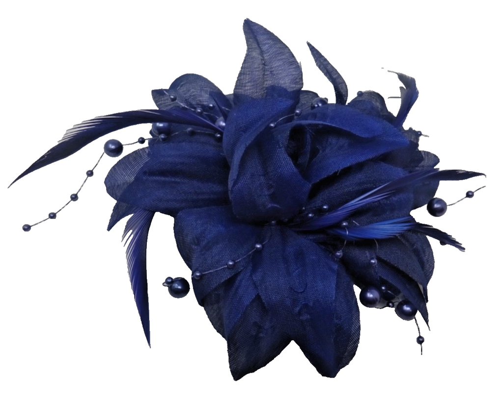 Navy Blue Corsage Brooch Fascinator Fabric Petals with Long Slim Fine Feathers