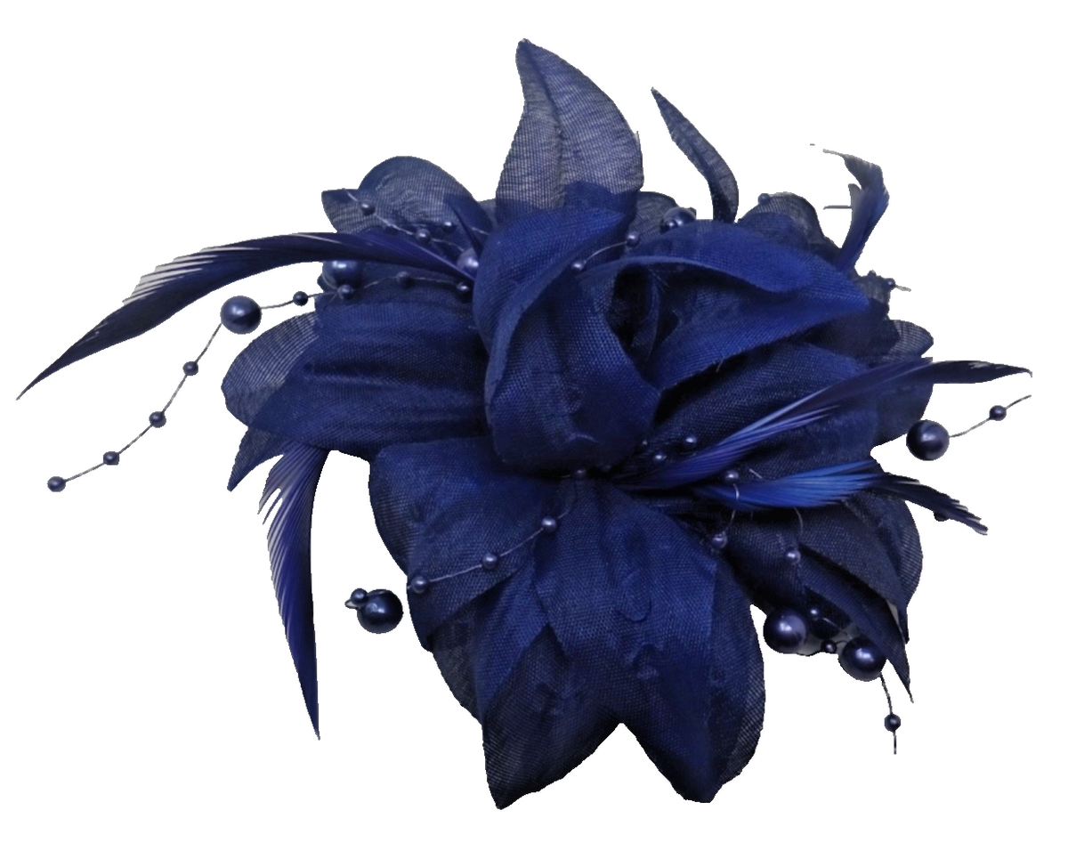Navy Blue Corsage Brooch Fascinator Fabric Petals with Long Slim Fine Feathers