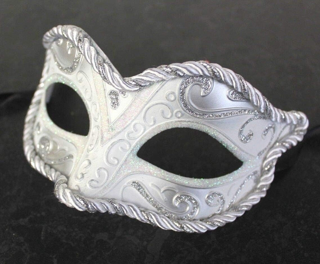 SILVER & WHITE BRAIDED VENETIAN CARNIVAL MASQUERADE PARTY EYE BALL WEDDING MASK
