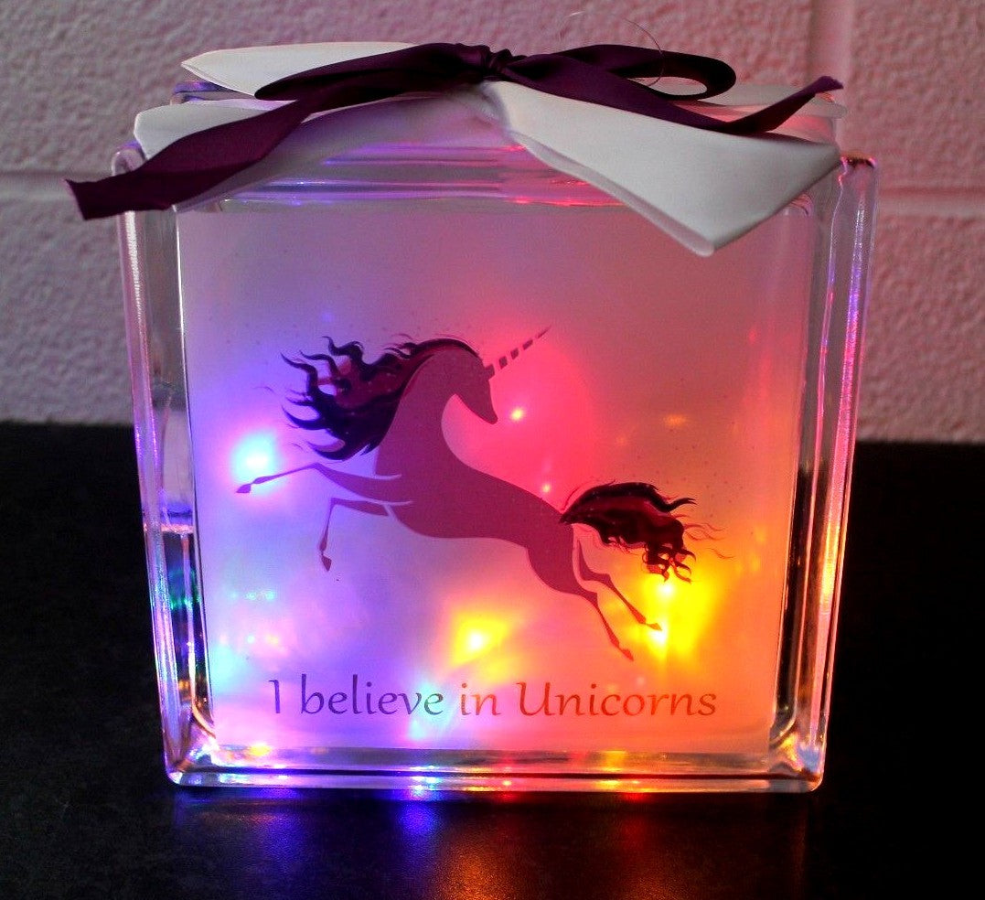 Heavy LED Unicorn Glass Light Up Block Lamp Night Light - I Believe In Unicorns