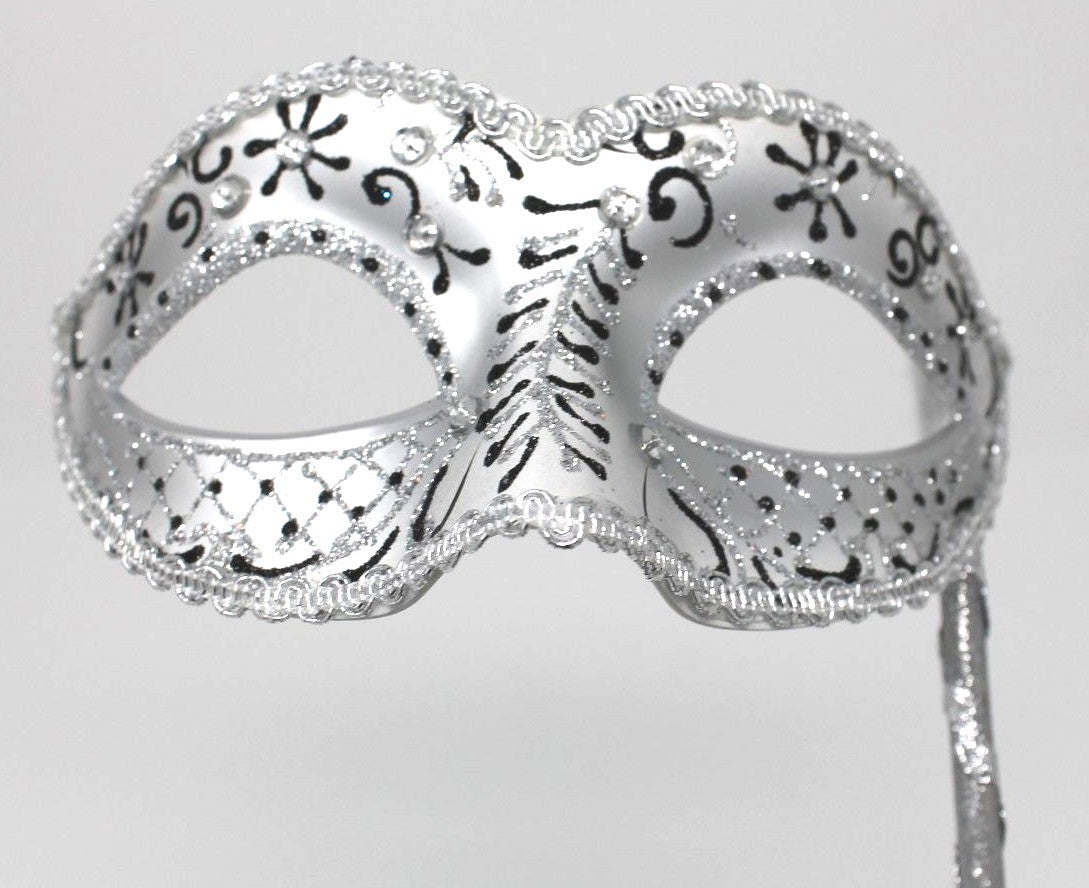 Black & Silver Venetian Masquerade Party Prom Carnival Eye Mask Hand Held Stick