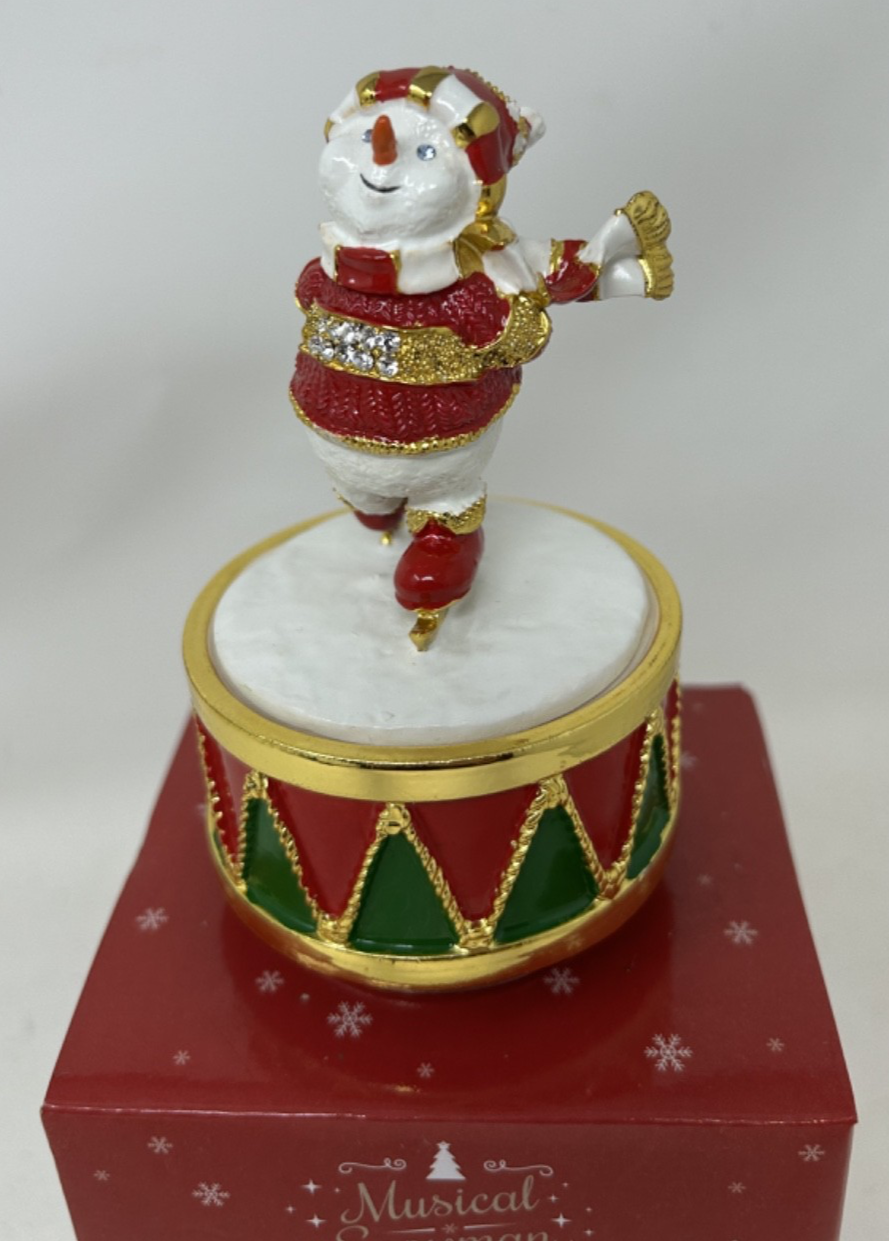Christmas Musical Snowman Skating Ceramic Gold Plated Figurine Wind Up 12cm Tall