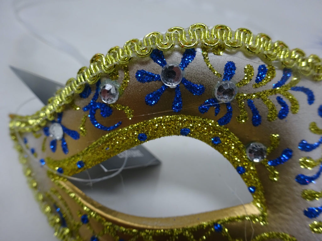 BLUE IVORY GOLD VENETIAN MASQUERADE PARTY BALL CARNIVAL FLOWER &  DIAMONTES MASK