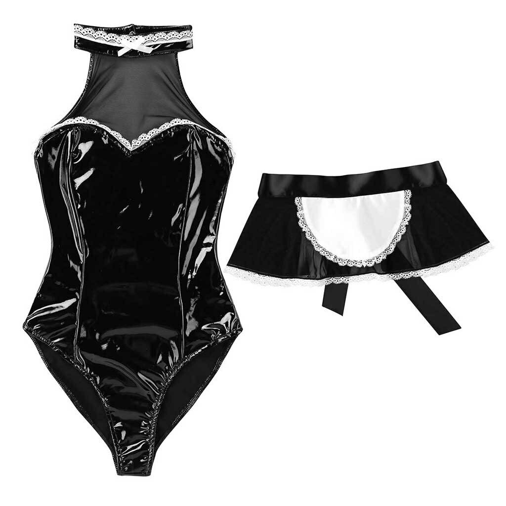 Black Faux Leather & Lace French Maid Costume Body Bodysuit wit Apron Size 10-12