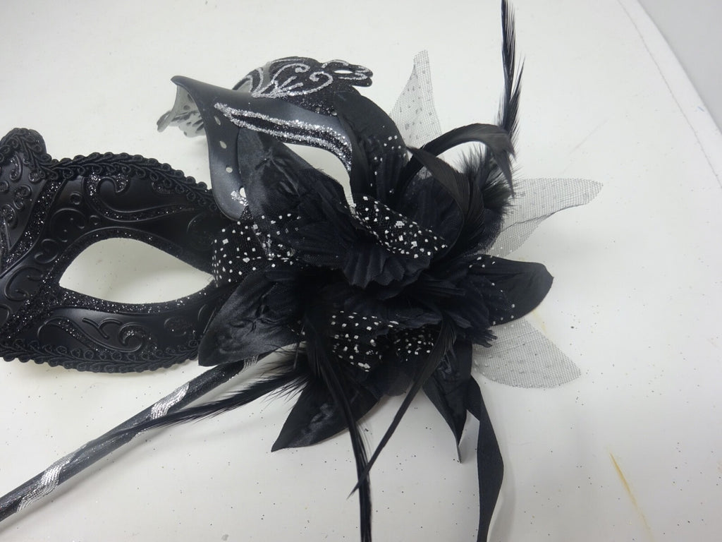 COUPLES SILVER & BLACK VENETIAN MASQUERADE PARTY CARNIVAL EYE BALL MASK ON STICK