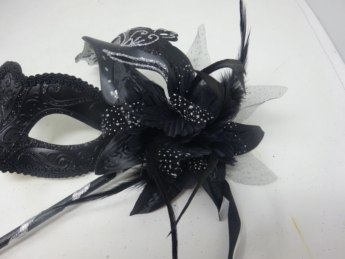 COUPLES SILVER & BLACK VENETIAN MASQUERADE PARTY CARNIVAL EYE BALL MASK ON STICK