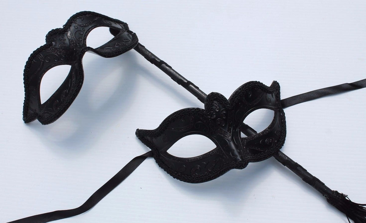 HIS N HERS TWO BLACK VENETIAN MASQUERADE PARTY EYE MASKS LADIES MASK ON STICK