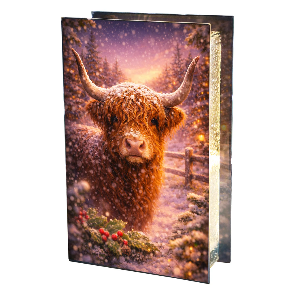 Glass Box Flashing or Static LEDs Highland Cow Decoration 21cm Tall Double Sided