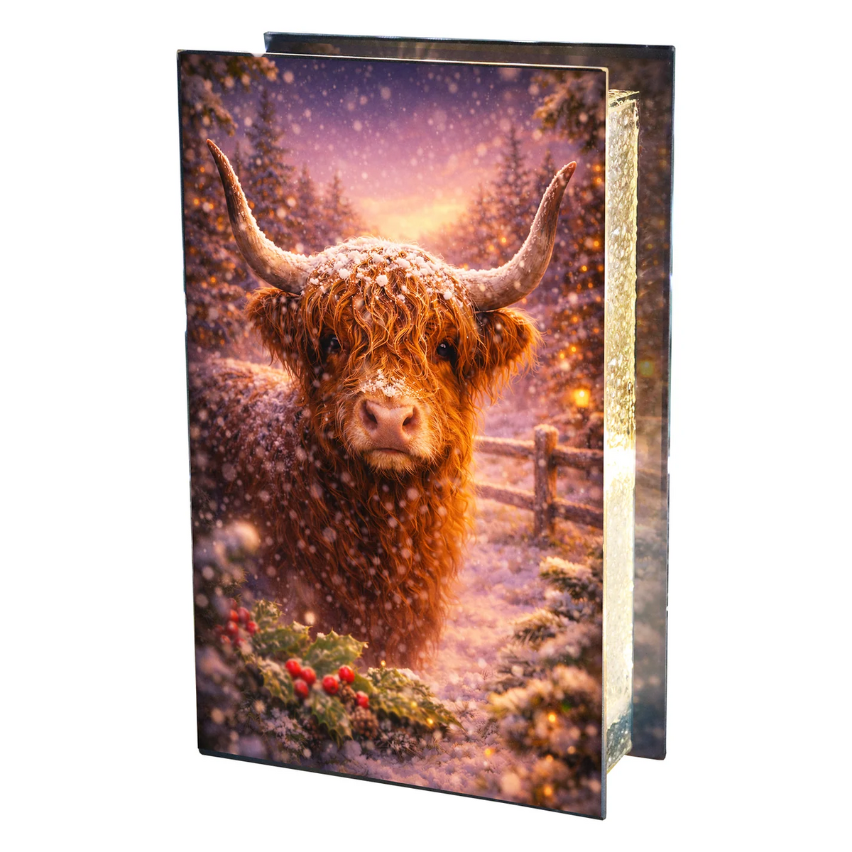 Glass Box Flashing or Static LEDs Highland Cow Decoration 21cm Tall Double Sided