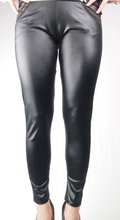 Womens Black Faux Leather Tight Leggings Size 8-10 with Black & Gold Diamontes