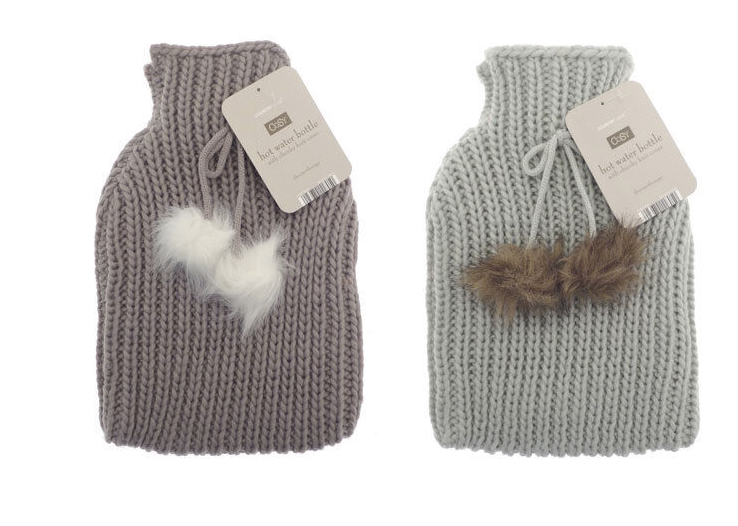 Choice of 2 Colours Snuggly Hot Water Bottle & Knitted Cover PomPoms 30cm Long