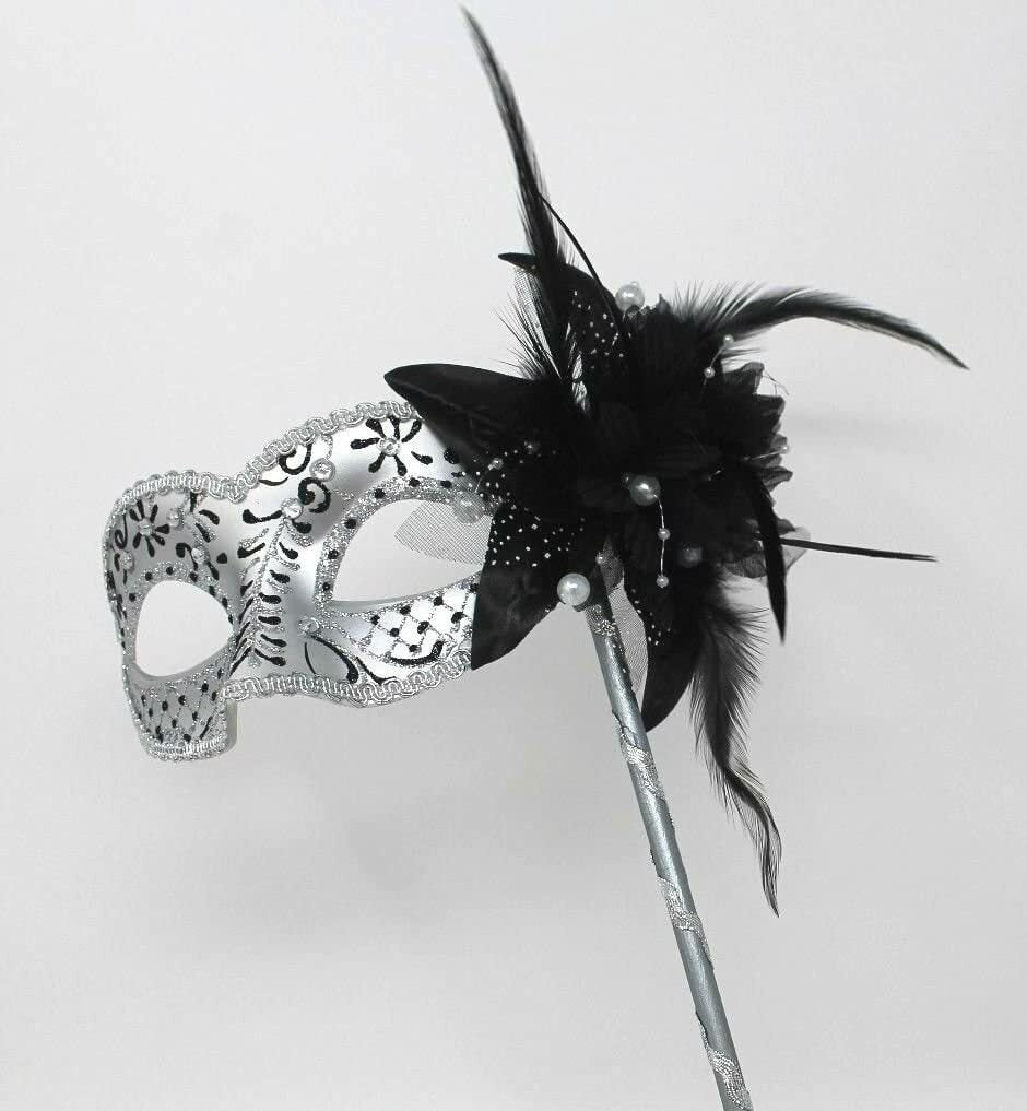 BLACK & SILVER WITH FLOWER & STICK VENETIAN CARNIVAL BALL MASQUERADE PARTY MASK