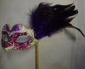 PURPLE WHITE & GOLD MASK FEATHERS VENETIAN MASQUERADE BALL HAND HELD ON STICK