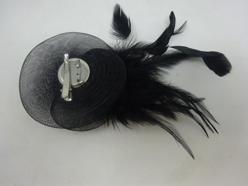 Hair Fascinator Corsage & Brooch Black Feathers and Stiffened Net Fabric Petals
