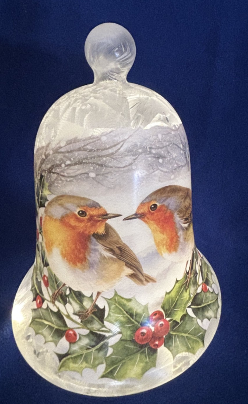 Christmas Festive Robin & Holly Design Frosted Glass Bell Lantern 20cm High