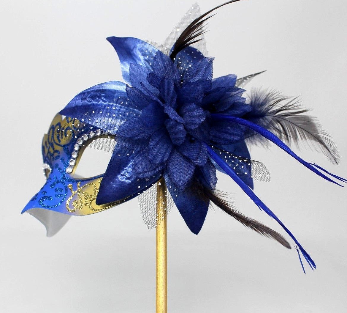 STUNNING BLUE & GOLD VENETIAN MASQUERADE PARTY EYE MASK ON A HAND HELD STICK