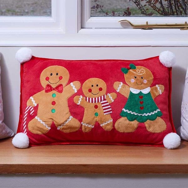 Gingerbread Family Christmas Winter Festive Cushion with Pom-Poms 30 x 50cm
